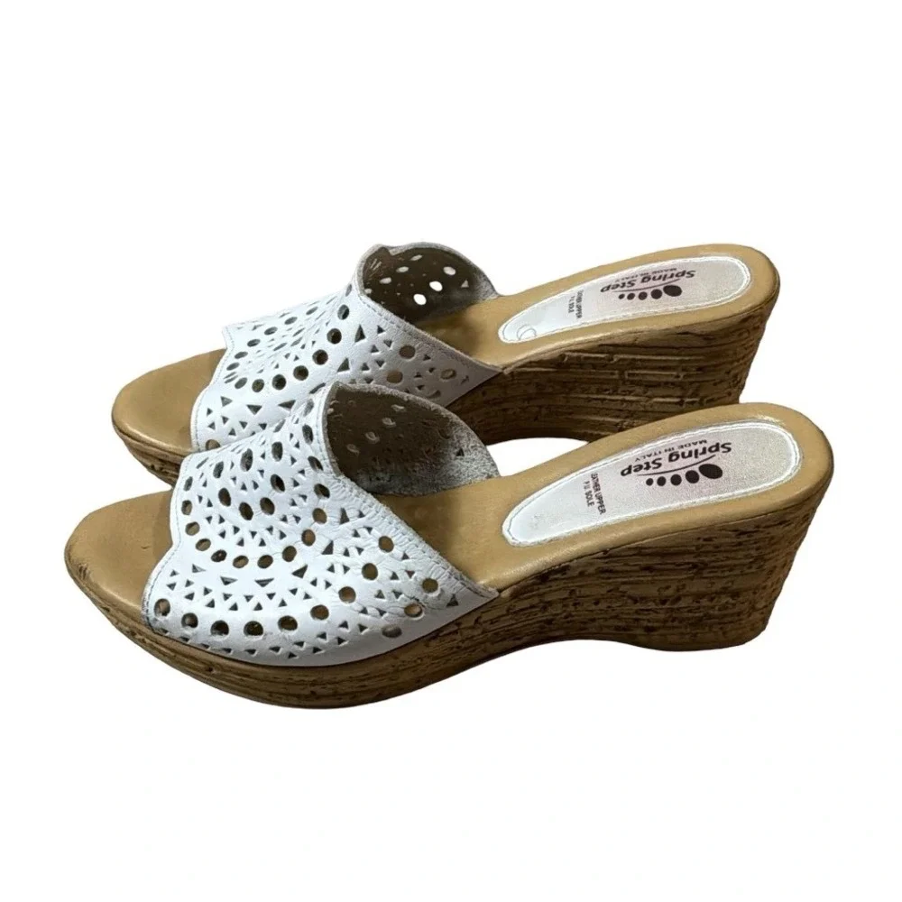 Spring Step White Leather Laser Cut Wedge Sandals Size 39 Made in Italy